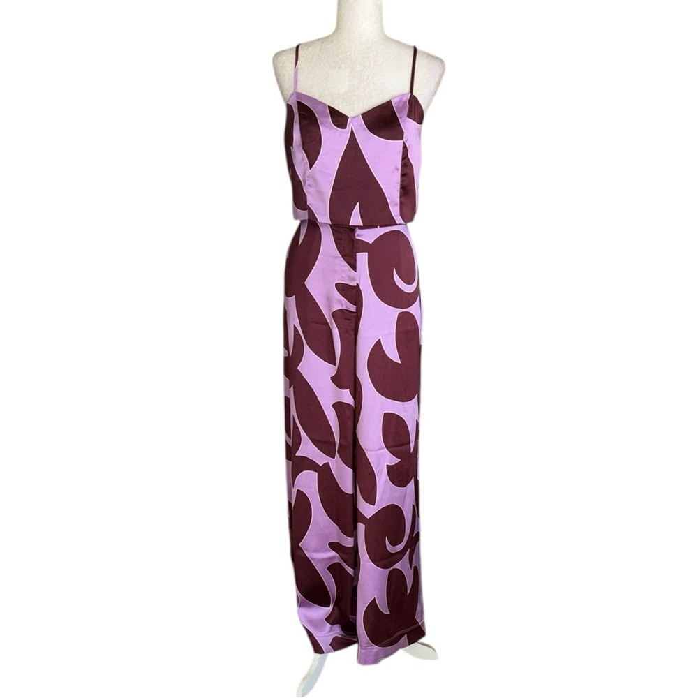 House of Harlow 1960 Pink Maroon Printed Satin 2 Piece Set - Crop Top & Pants  L